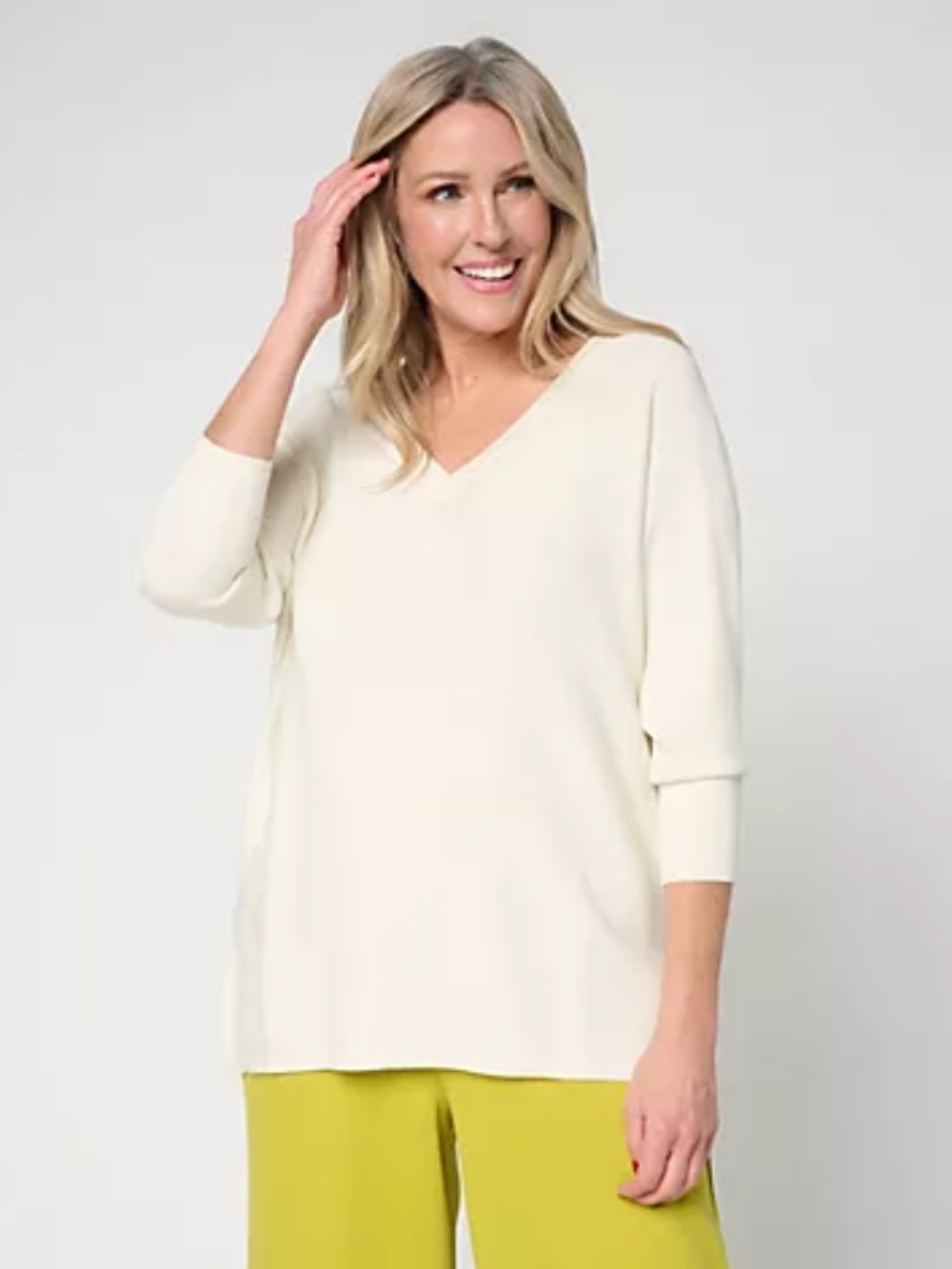 Carla Rockmore Collection Yarn Dolman Sleeve V-Neck Sweater, Ivory Sz L a719985